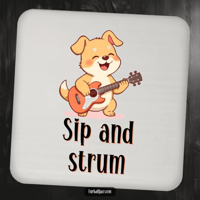 Funny dog coasters, each featuring a different pose of a dog playing a guitar, adding musical humor to drink service.