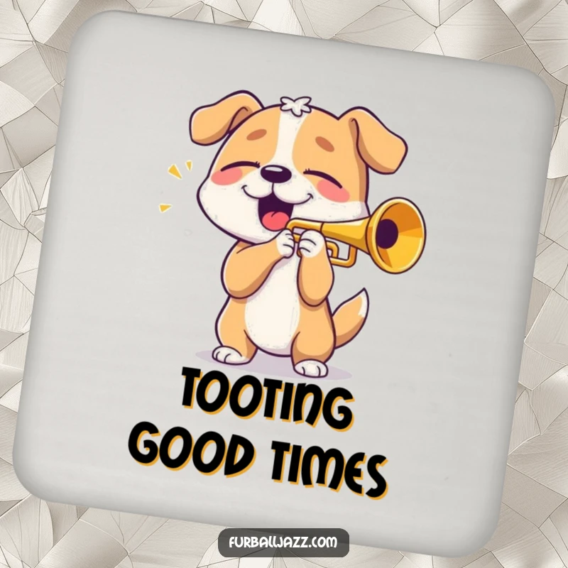 Funny dog playing trumpet with eyes closed in bliss, a humorous drink coaster for music enthusiasts.