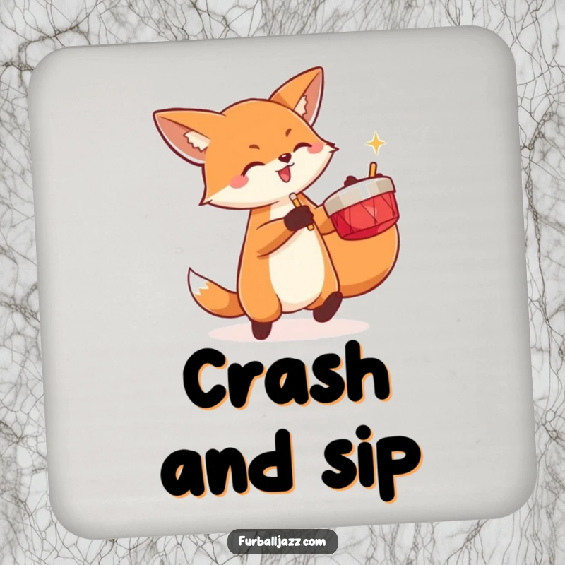 Funny fox energetically playing a pair of cymbals on a drink coaster.