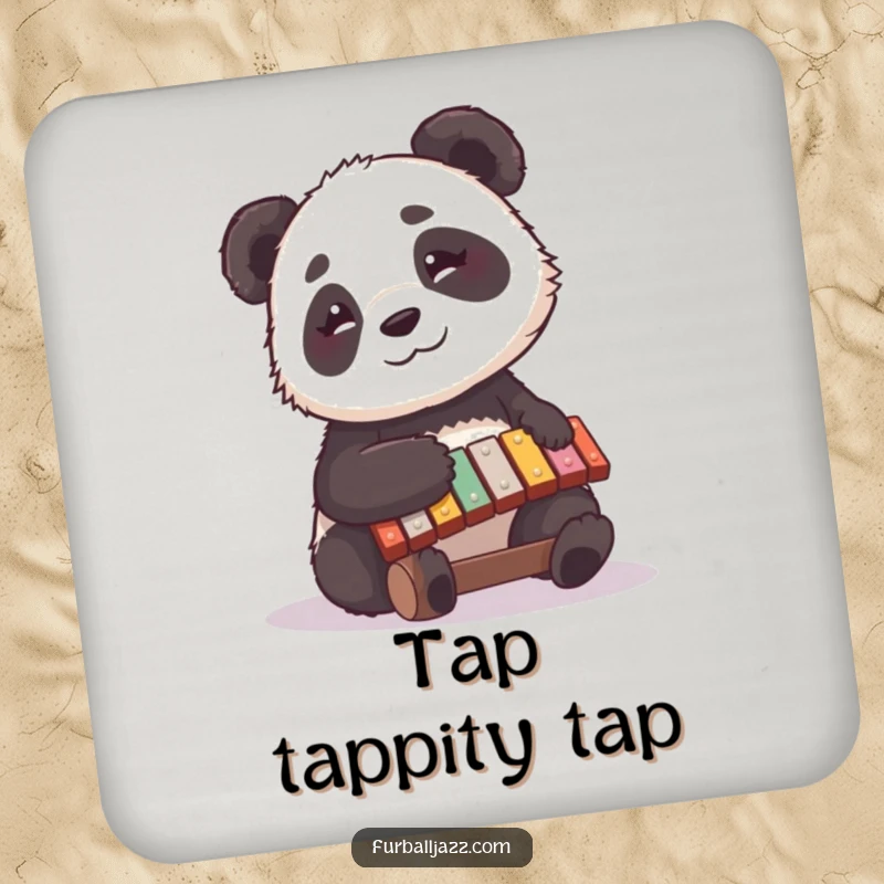 Funny panda drink coaster featuring a curious panda happily playing a xylophone, adding musical charm and surface protection.