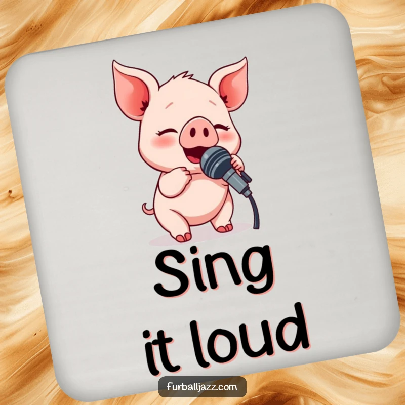 Funny piglet character singing into a microphone on a drink coaster, adding a touch of humor to beverage service.