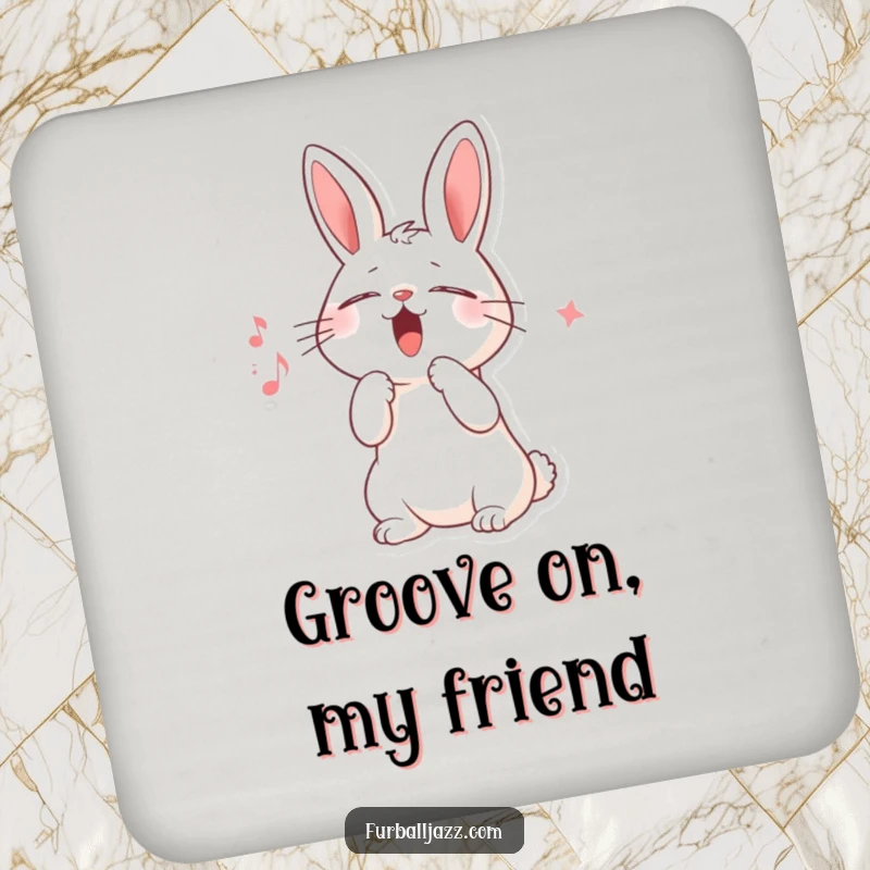 Funny drink coaster featuring a rabbit character singing scat, eyes closed, paw raised, bringing a musical and humorous touch to any surface.