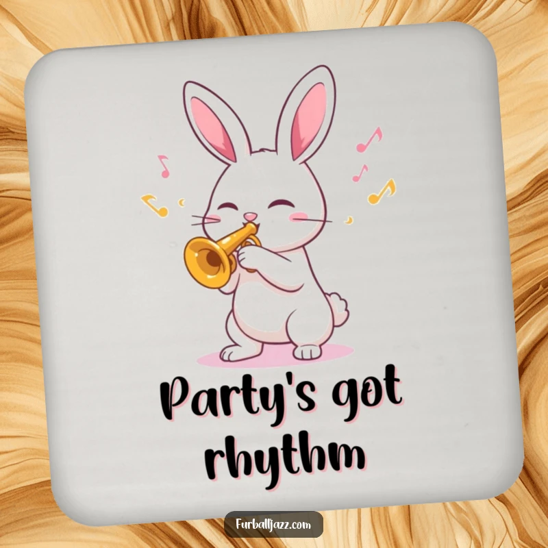 Funny Coaster showcasing a rabbit serenading with a trumpet, with happy musical notes adding a touch of melody.