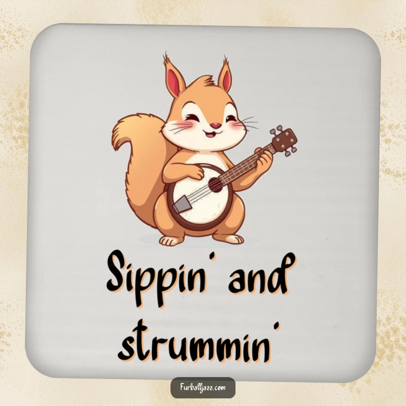 Funny squirrel playing a banjo on a drink coaster, a humorous and protective addition to any surface.