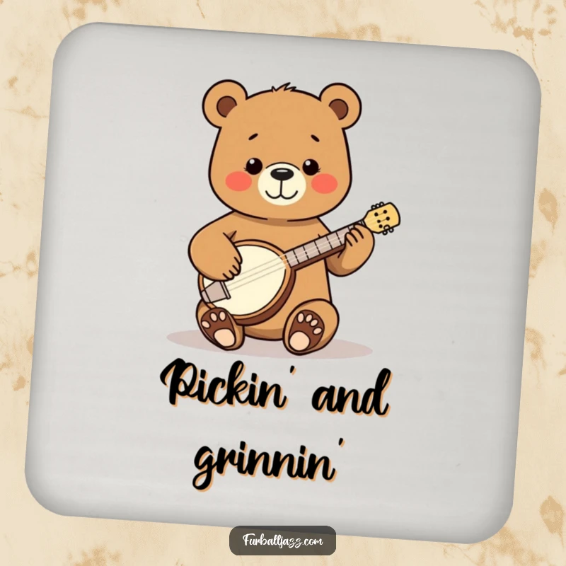 Funny Bear Banjo Drink Coaster showing a happy bear strumming a tiny banjo with pure joy, a practical and charming addition to any table.