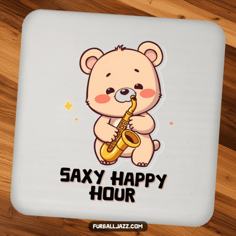 Funny Jazzy Bear Coaster: A bear character playing a saxophone with a wide smile, protecting your drink.