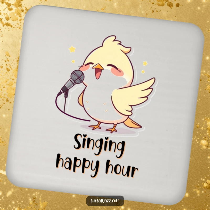 Funny Bird Microphone Drink Coaster showcasing a happy bird singing into a small microphone, ideal for musical and humorous decor.