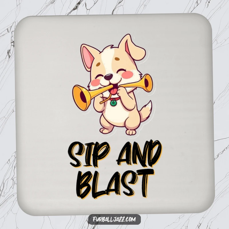 Funny dog character playing a trumpet with puffed cheeks, a set of funny drink coasters.