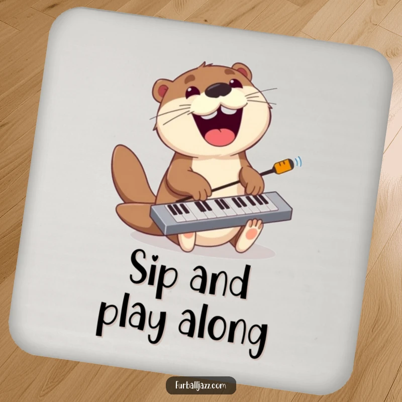 Funny otter keyboard drink coaster featuring a playful otter jamming on a keyboard with a wide grin, adding charm and protection.