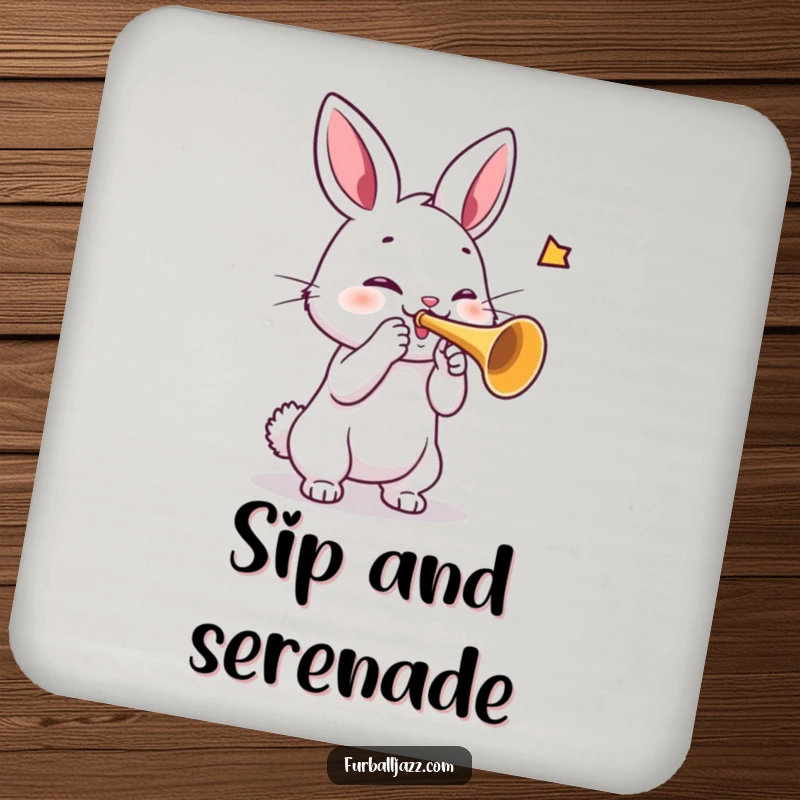 Funny rabbit coasters, each showing a rabbit playing a trumpet with gusto, adding musical charm to drink service.
