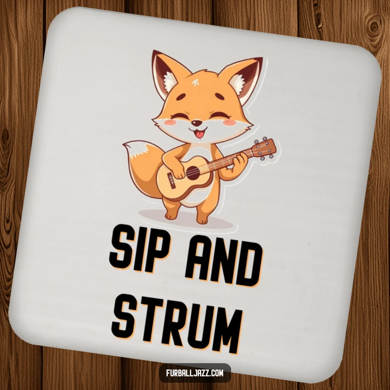 Funny fox character strumming a tiny, stylized guitar with glee on a protective, fun, funny drink coaster.
