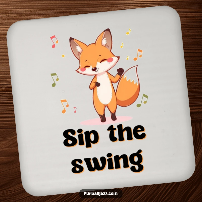Funny fox coasters, each showing a fox tapping its foot to jazz music, adding a cool and humorous touch to drink service.