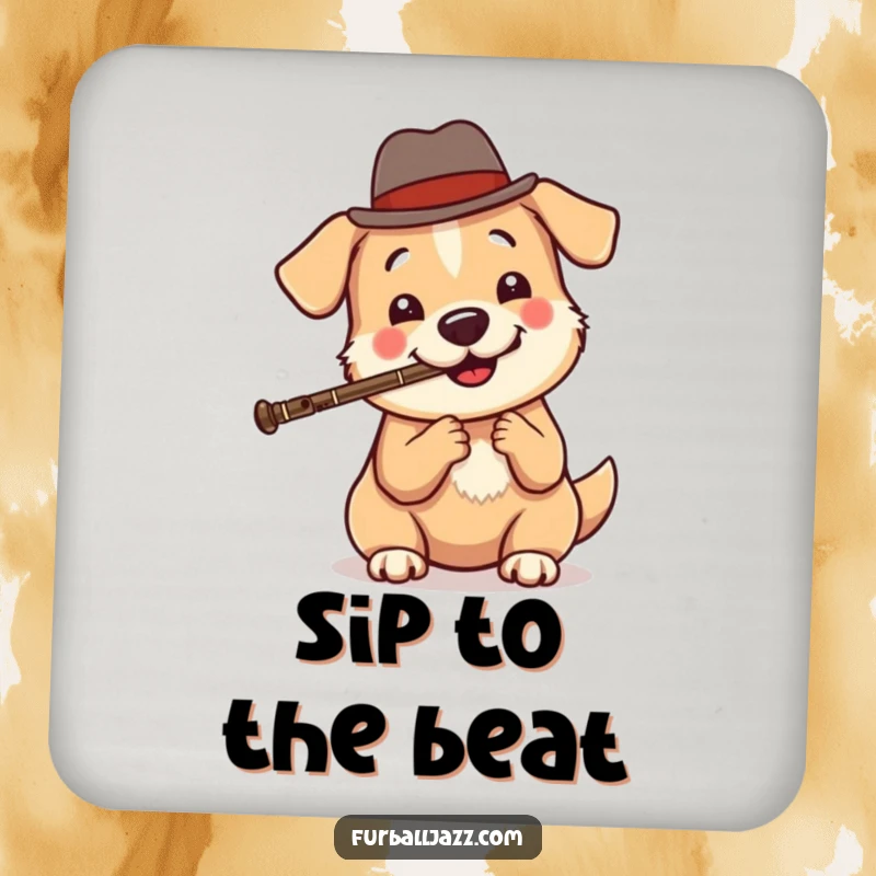 Funny dog jazz drink coaster featuring a round, happy dog in a fedora playing a clarinet, adding cool musical charm and surface protection.