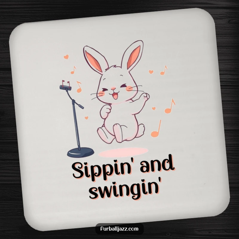 Funny Rabbit Coaster showcasing a rabbit tapping its foot rhythmically to a jazz beat, protecting tables with musical charm.