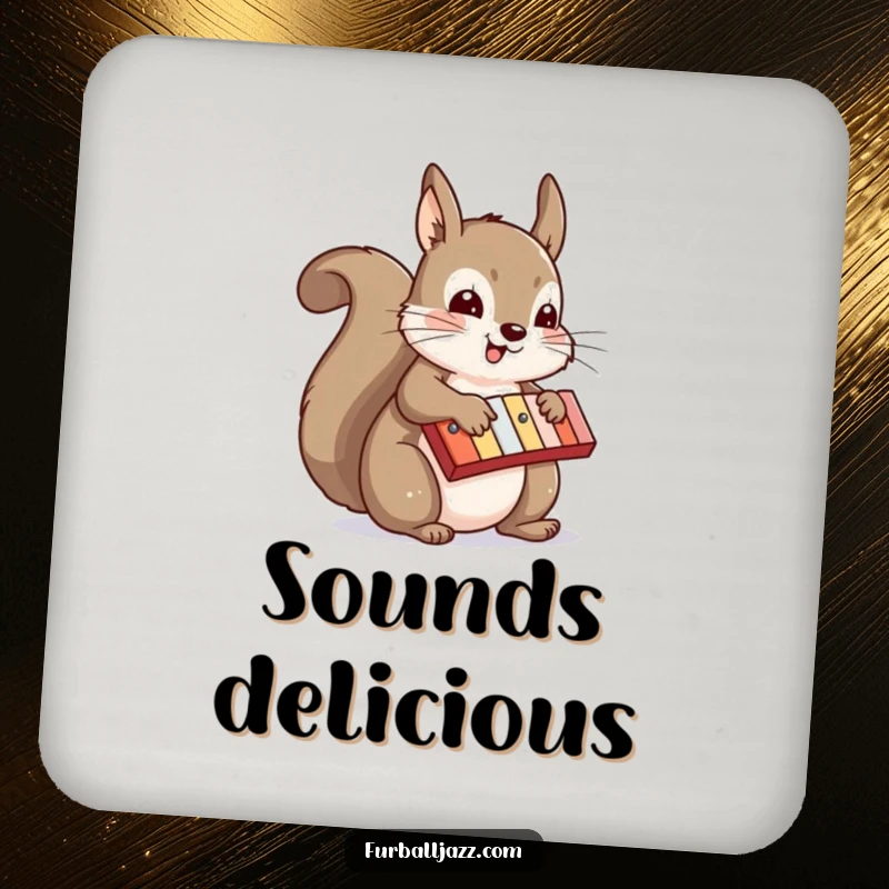 Funny squirrel musician playing a xylophone on a drink coaster, a charming and funny accessory.