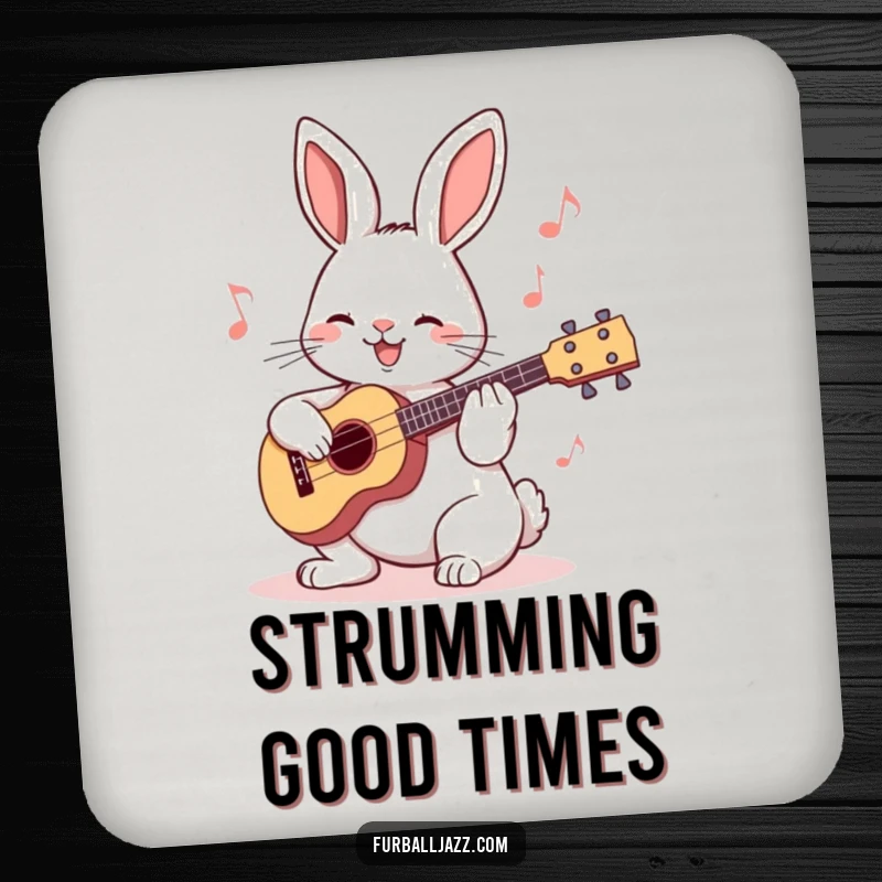 Funny Rabbit Ukulele Drink Coaster showcasing a happy bunny playing a small ukulele, adding a musical and humorous touch.