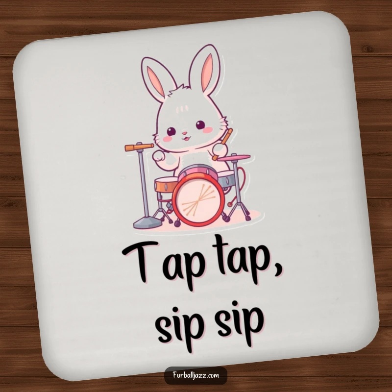 Funny rabbit drummer drink coaster featuring a fluffy bunny energetically playing a miniature drum kit, adding rhythmic charm and surface protection.