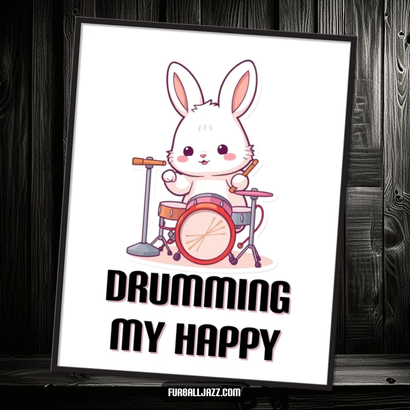 Funny rabbit drummer poster art showing a fluffy bunny intensely playing a miniature drum kit, radiating musical energy and enthusiasm.
