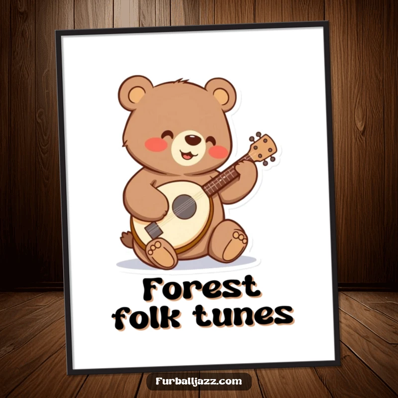 Funny bear strumming a tiny banjo with a happy expression, as funny wall art.