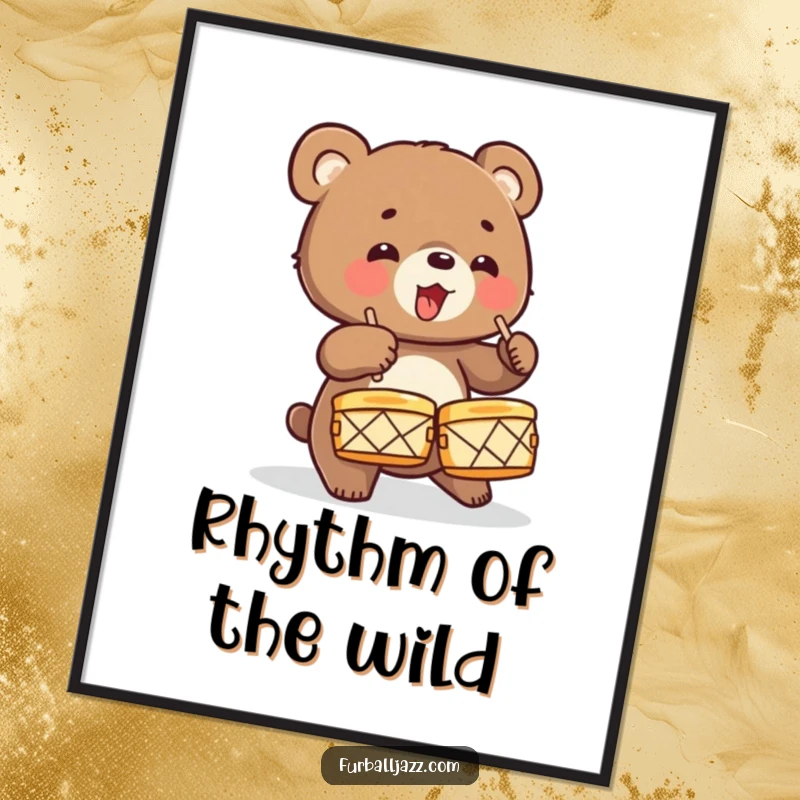 Funny Bear Cub Drummer Poster featuring a cute cub energetically drumming on cymbals, perfect for adding wild, musical energy to any room.