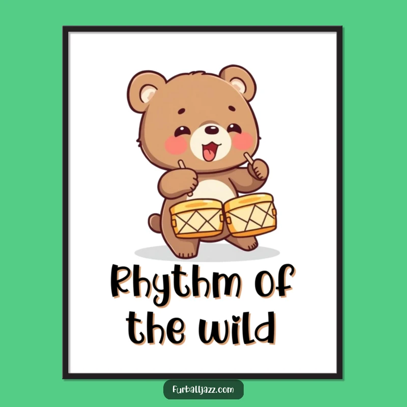 Funny Bear Cub Drummer Poster: Energetic Cymbal Art, Wild Animal Music Decor, Funny Gift