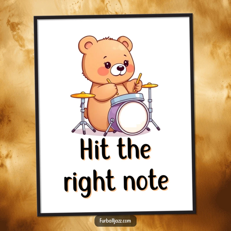 Funny bear cub joyfully playing drums on a miniature set, wall art for music enthusiasts, ideal gift.