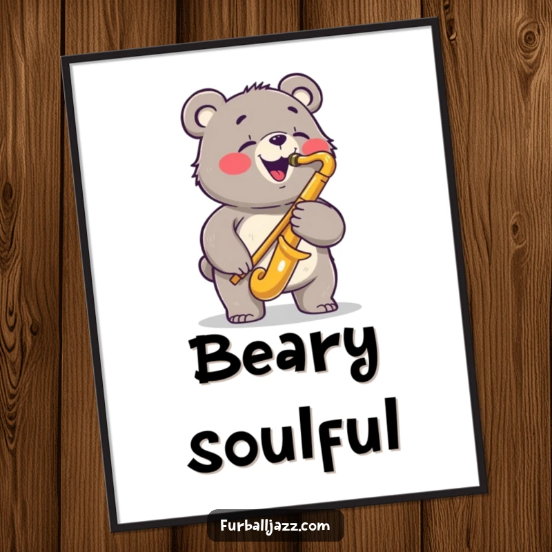 Funny bear poster illustrating a joyful bear playing a saxophone with a bluesy expression, adding a touch of musical artistry and humor.