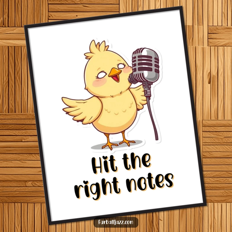 Funny poster print of a whimsical bird character singing vibrantly into an old-fashioned microphone, capturing the essence of performance.