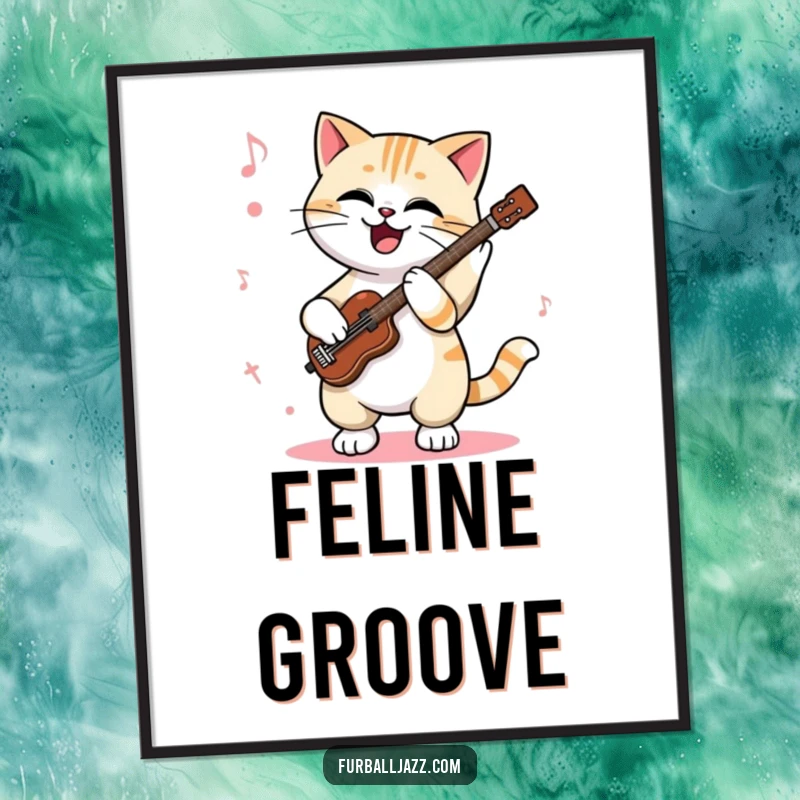 Funny cat poster illustrating a cool cat enthusiastically tapping its paws to a jazz rhythm, adding a touch of musical artistry and feline fun.