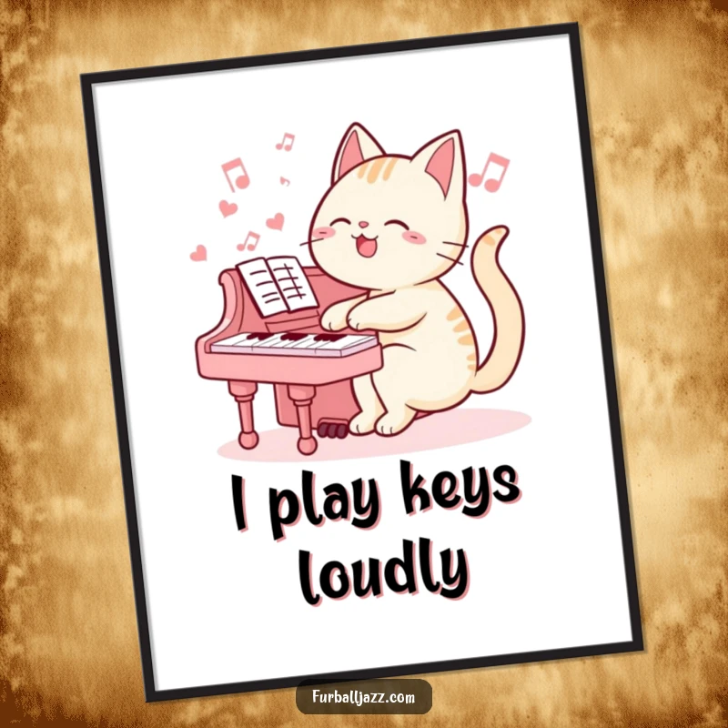 Funny cat poster depicting a cat playing a piano with passion, ideal humorous wall art for music lovers and cat enthusiasts.