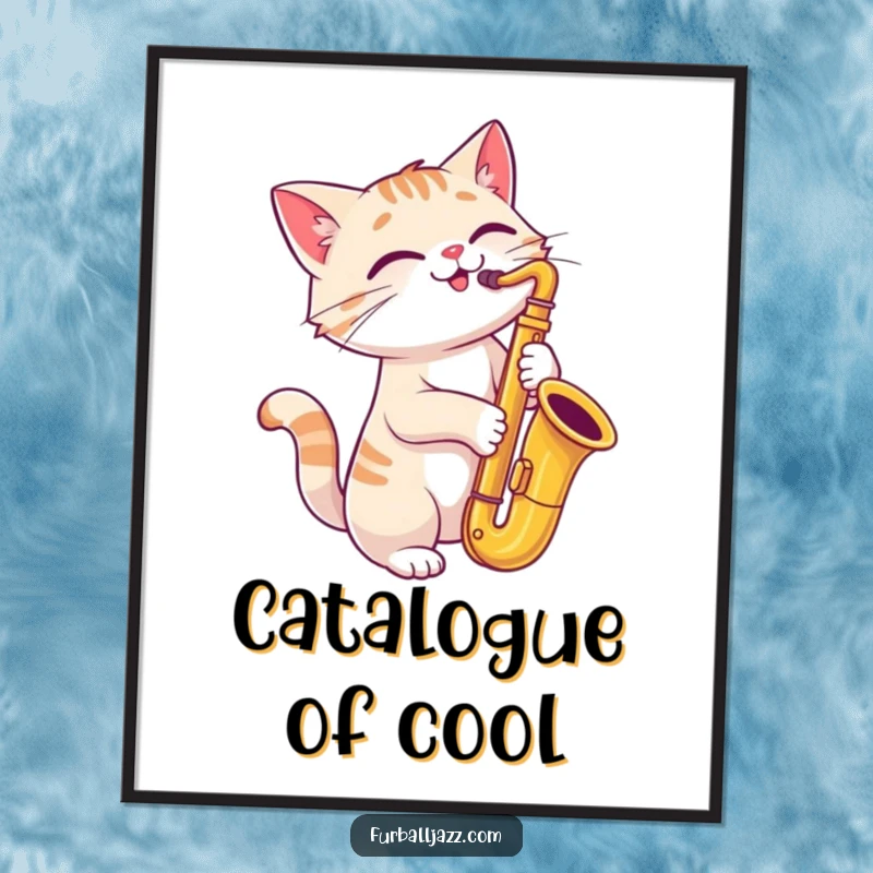 Funny cat playing a saxophone with a joyful, tilted head, as funny wall art.