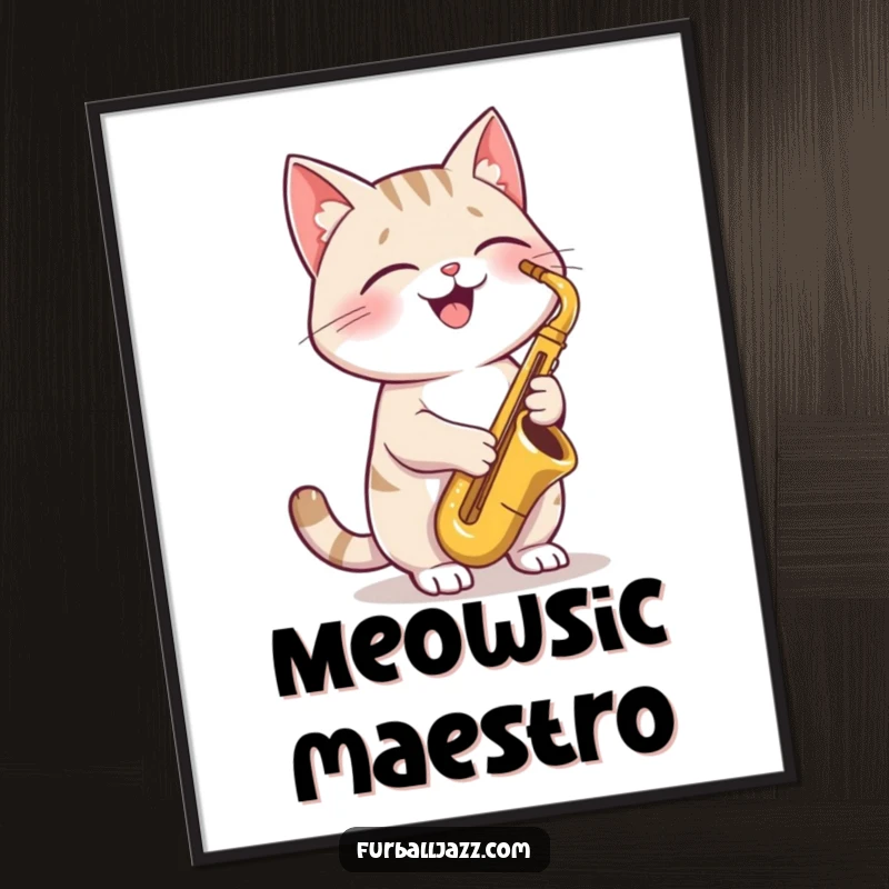 Funny Cat Saxophone Poster featuring a joyful cat playing a saxophone, perfect for adding cool, jazzy ambiance to any room.