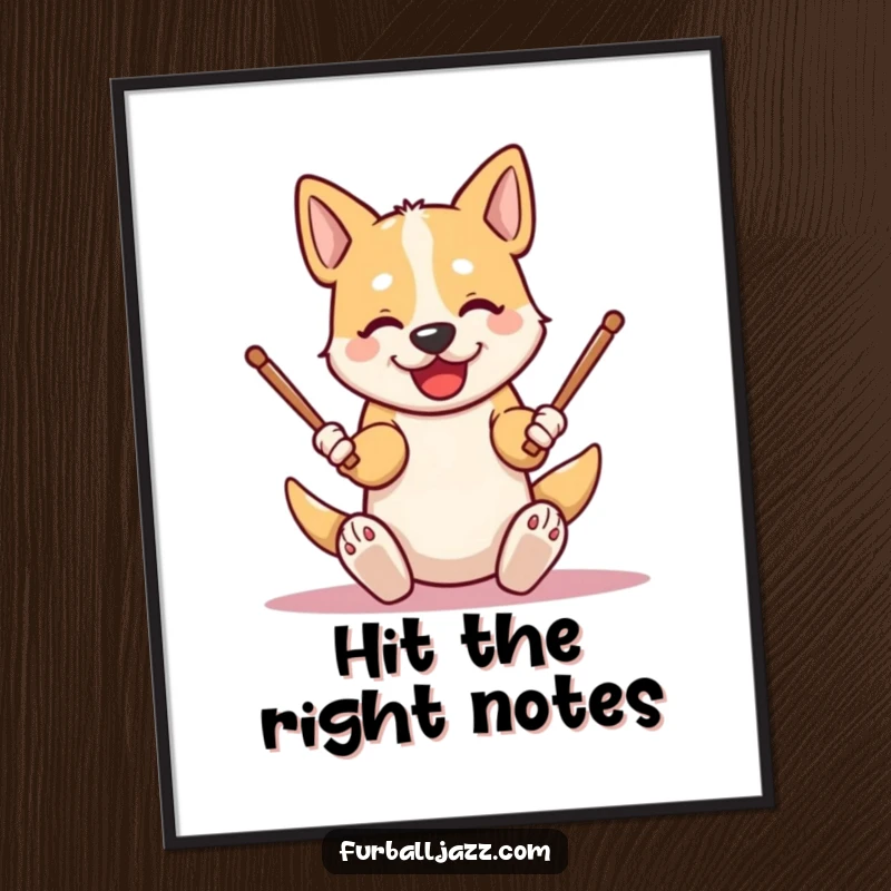 Funny dog poster depicting an energetic character tapping drumsticks on its knees, bringing cool musical vibes and humorous canine art to decor.