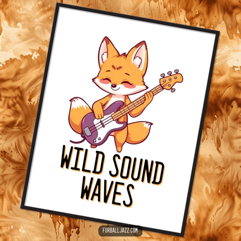 Funny fox poster depicting a playful fox energetically playing a bass guitar, a cool piece of rock-themed art.