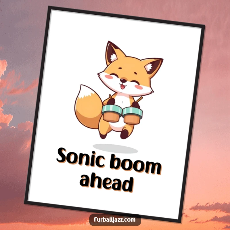 Funny poster of a fox energetically playing cymbals, capturing a moment of pure, unadulterated musical excitement and joy.