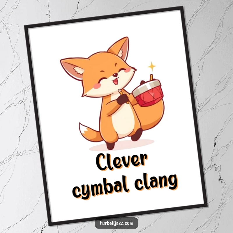 Funny fox energetically playing a pair of cymbals, as funny wall art.