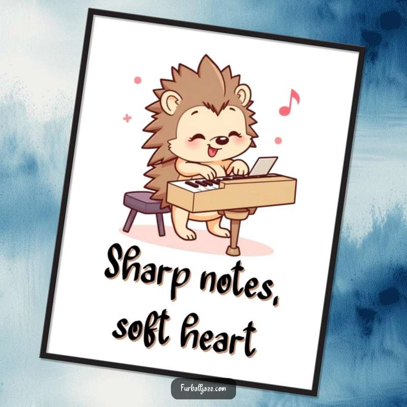 Funny Hedgehog Poster: A smiling hedgehog happily playing a piano, creating a whimsical and delightful piece of wall art. Perfect funny gift.