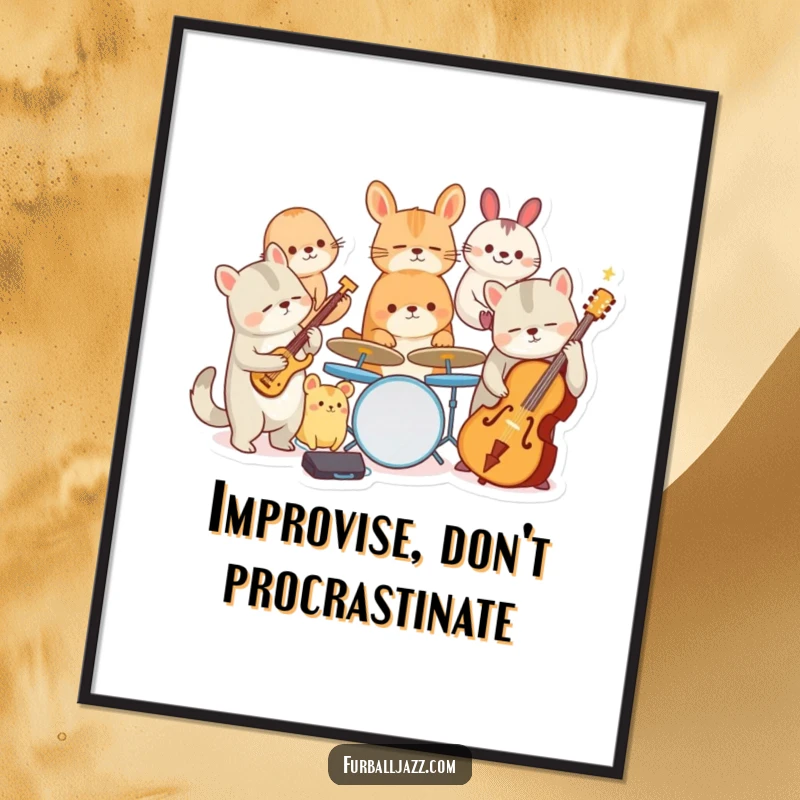 Funny poster depicting a dynamic scene of various animal characters enthusiastically playing jazz instruments in a band.