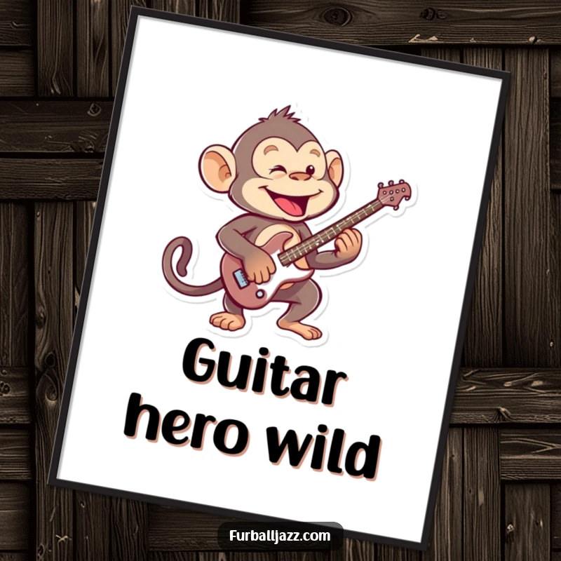 Funny mischievous monkey playing an energetic guitar solo, wall art for music lovers, ideal gift.