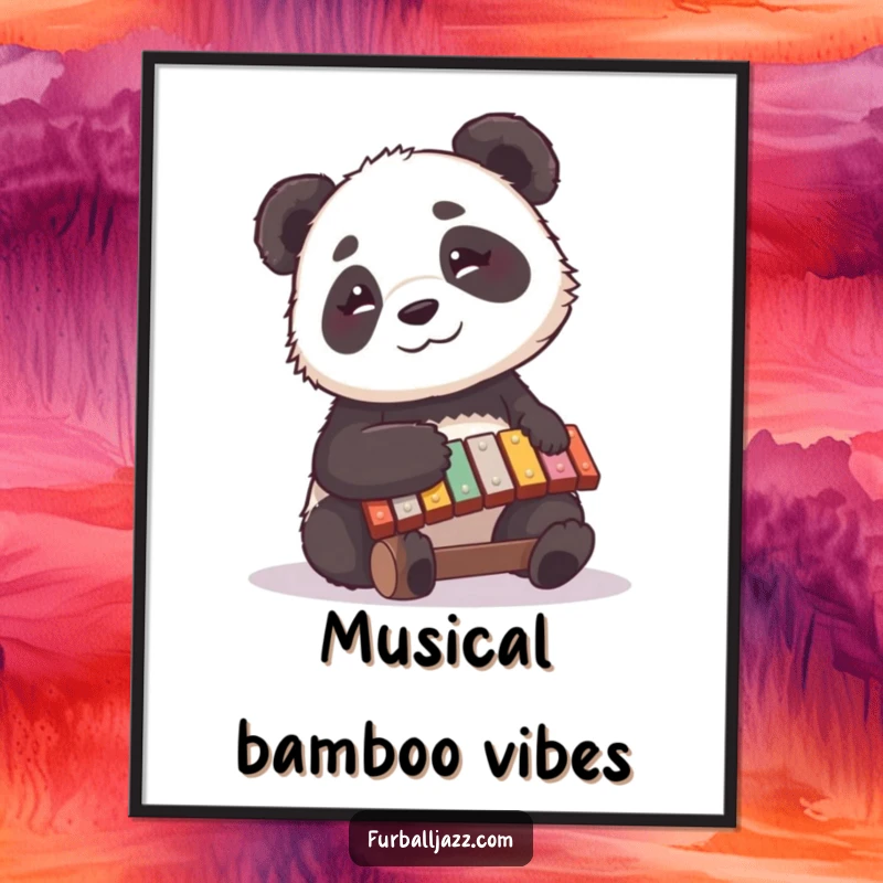 Funny panda poster art depicting a curious panda playing a xylophone with a happy, contemplative expression, celebrating the joy of music.