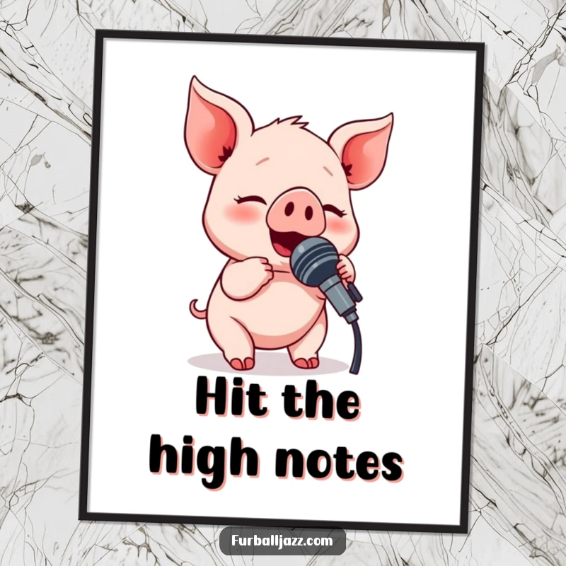 Funny piglet character performing a song into a microphone, a vibrant and humorous piece of wall art.