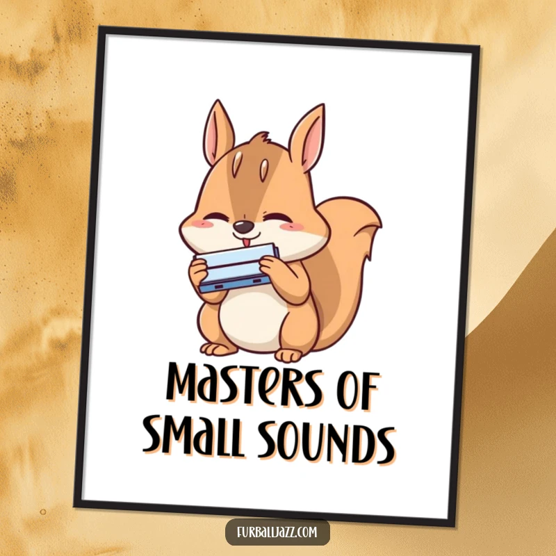 Funny squirrel poster capturing a happy squirrel with intense concentration playing a tiny harmonica, radiating musical charm.