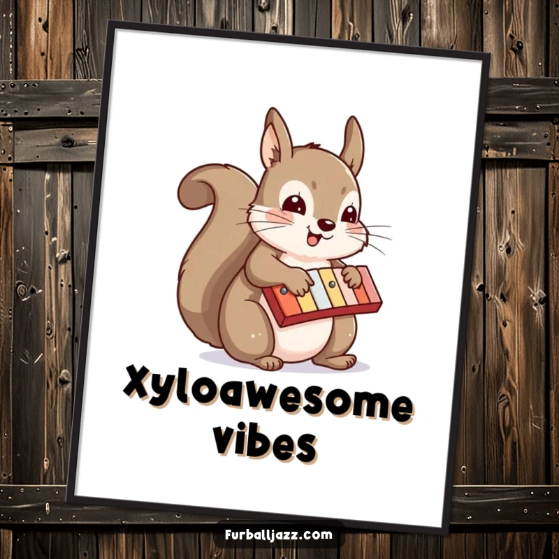 Funny squirrel excitedly playing a xylophone, depicted as a charming piece of wall art, perfect for a funny gift.