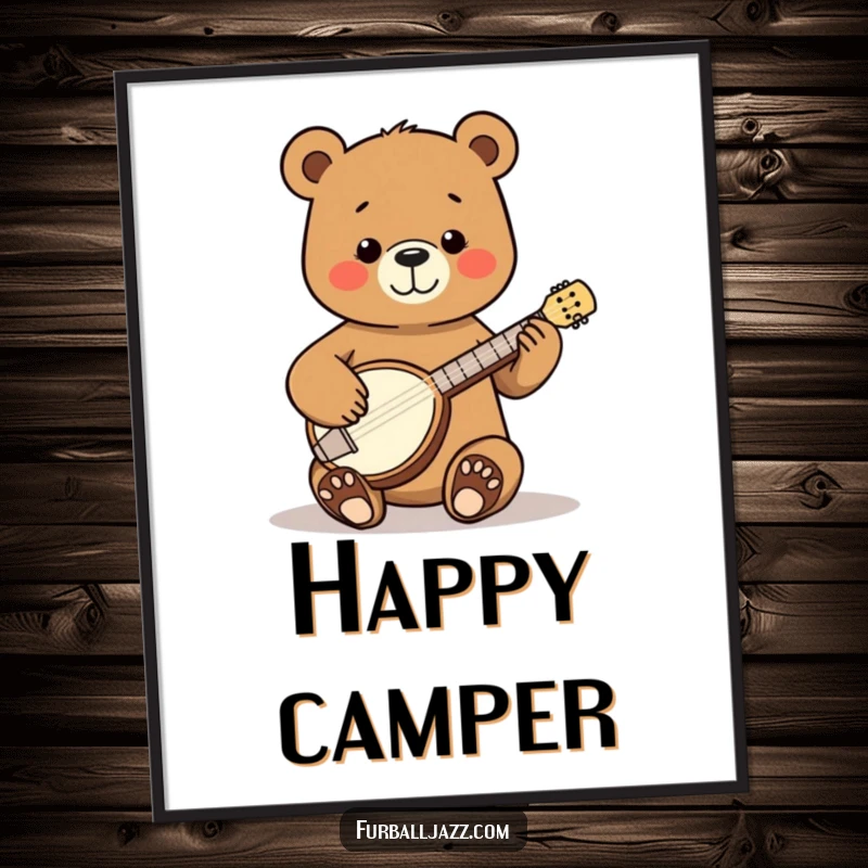 Funny Bear Banjo Poster depicting a happy bear strumming a tiny banjo with pure joy, adding a cheerful folk ambiance to any space.