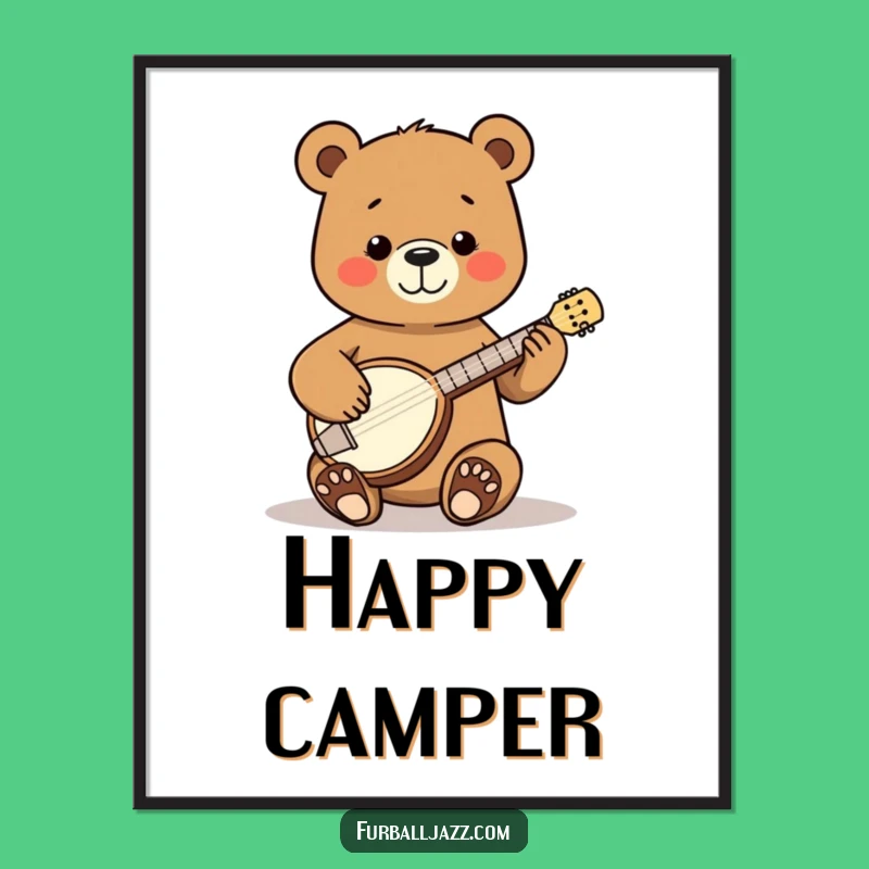 Funny Bear Banjo Poster - Happy Folk Art Print for Homes