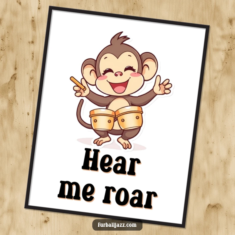 Funny Monkey Poster: An energetic monkey gleefully crashing cymbals, creating a vibrant and humorous piece of wall art. Perfect funny gift.
