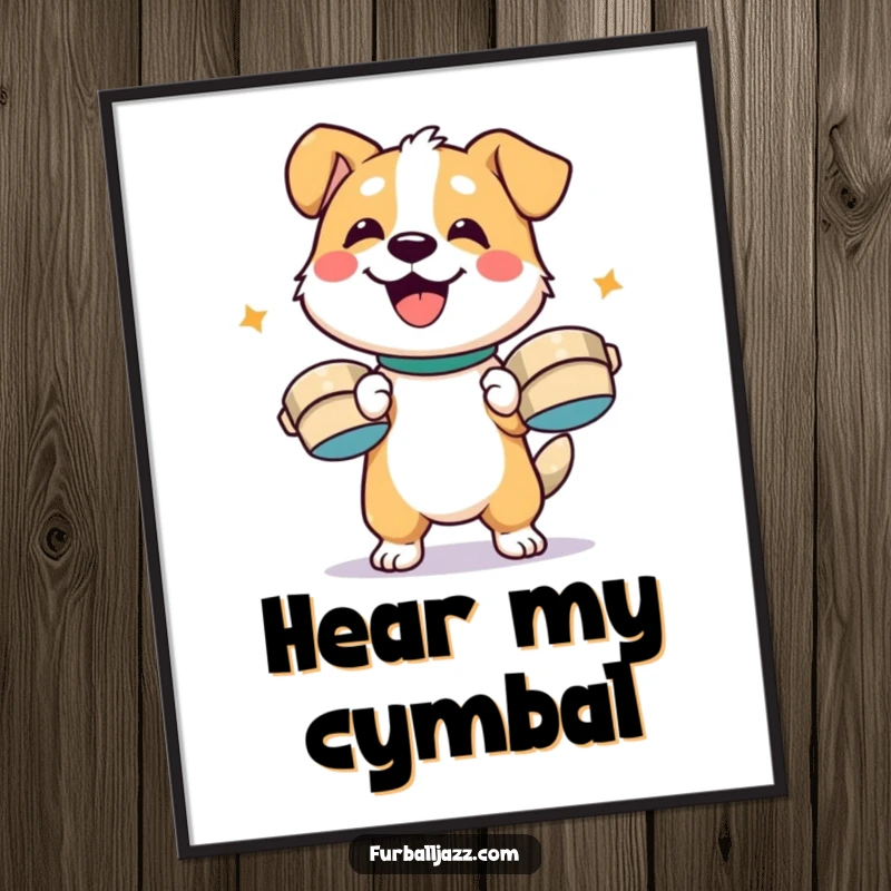 Funny dog character enthusiastically playing cymbals with a wide smile, a vibrant and funny piece of wall art.
