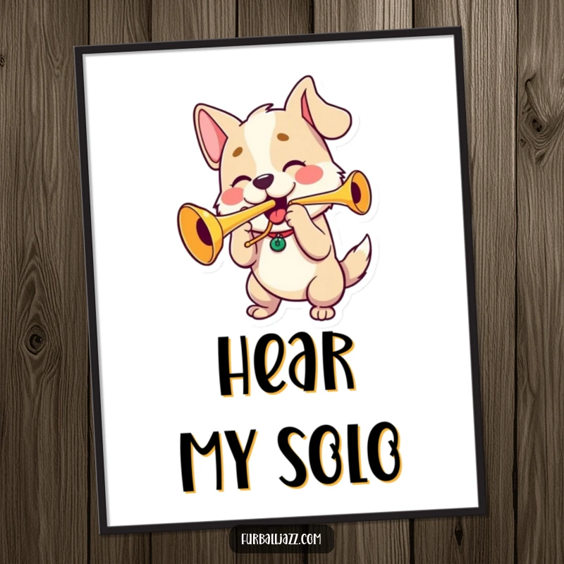 Funny dog with puffed cheeks playing a trumpet, a humorous poster for music lovers' walls.