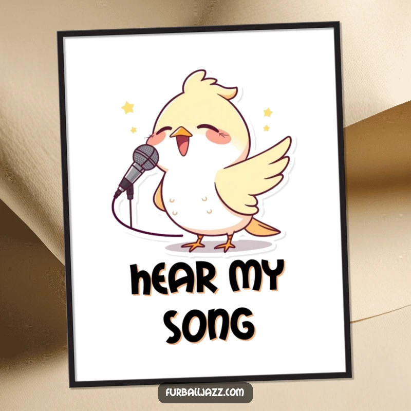 Funny Bird Microphone Poster showcasing a happy bird singing into a tiny microphone, bringing vibrant and musical wall art.