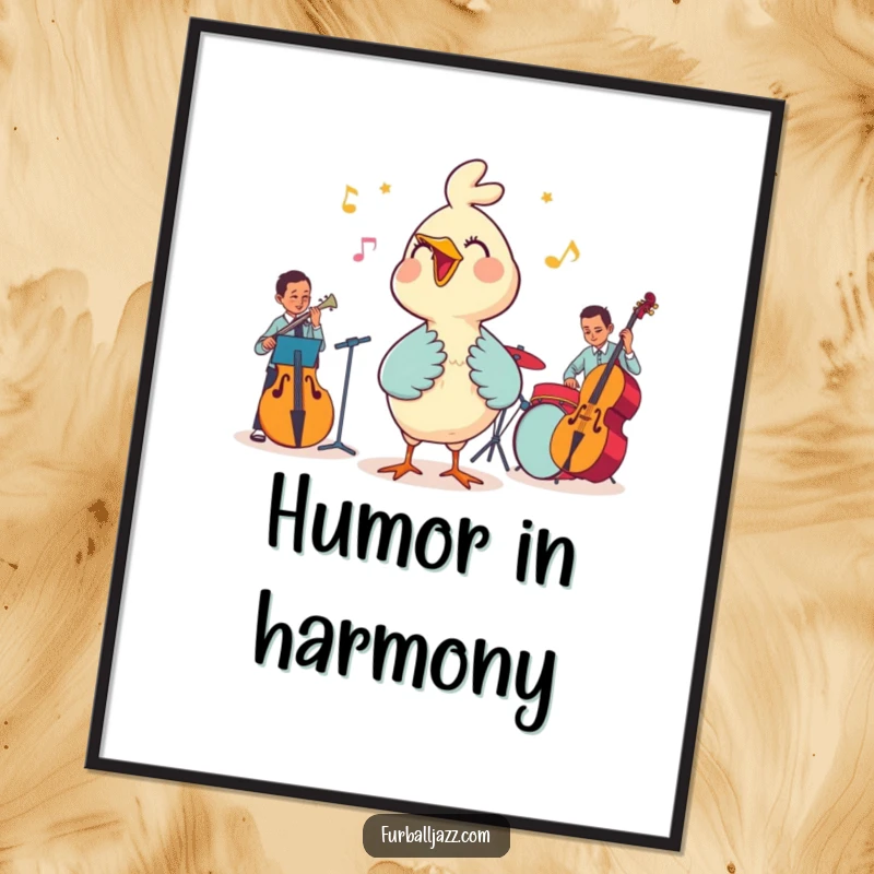 Funny poster featuring a happy bird character singing its heart out alongside a talented and stylish jazz band.